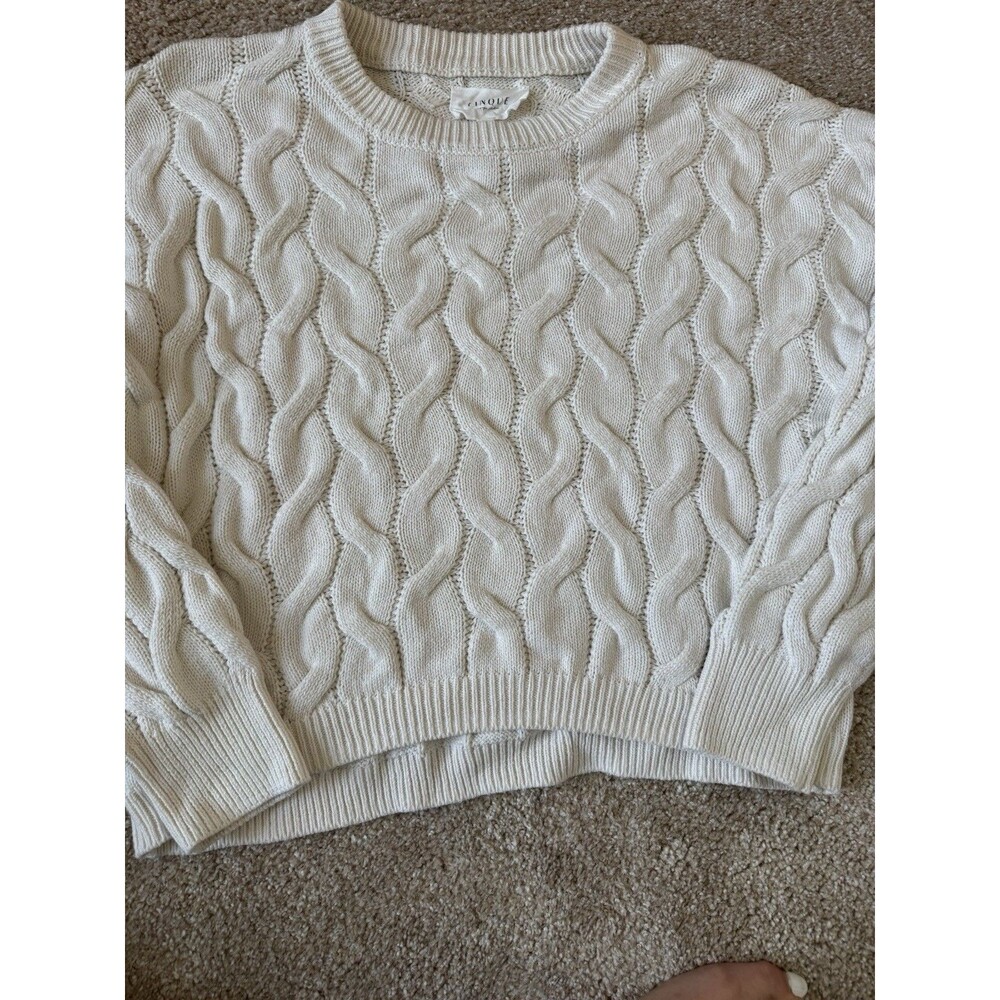 Pinque Cable Knit Fisherman Sweater Womens Large Ivory Crew Neck Preppy Cozy - Picture 2 of 7
